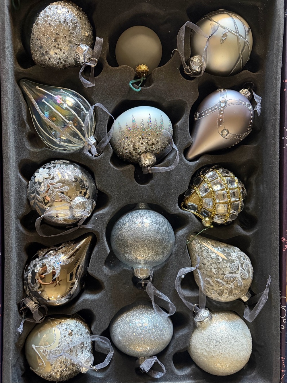 Kirkland Hand Decorated Glass Christmas Ornaments 14 Pc Silver Jeweled LARGE